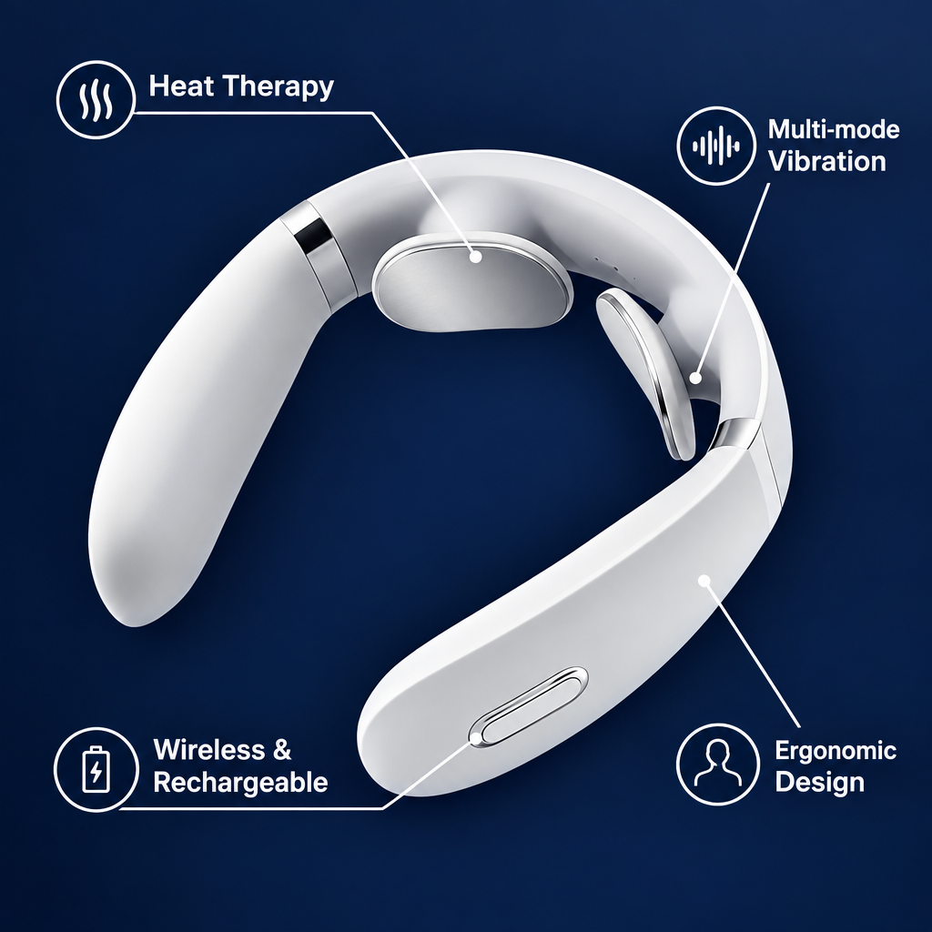 NeckRelief Pro features: Heat Therapy, Multi-mode Vibration, Wireless, Ergonomic Design