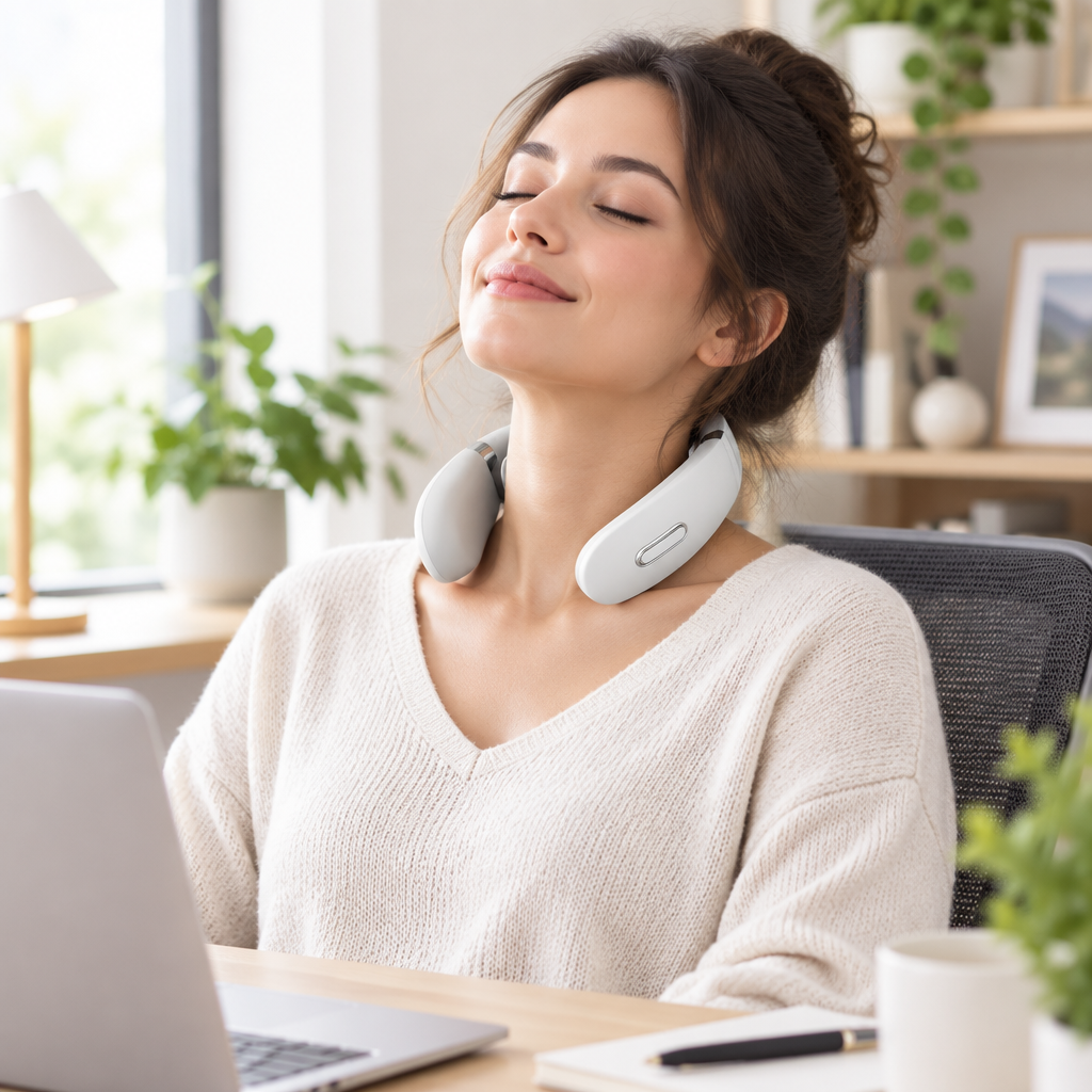 Woman using NeckRelief Pro cervical massager at home office
