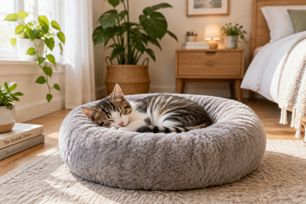 Lifestyle gato en cama gris